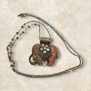 Rose Goldtone Elephant Pendant Necklace 28"  Bling Rhinestones Stars Boho Hippie